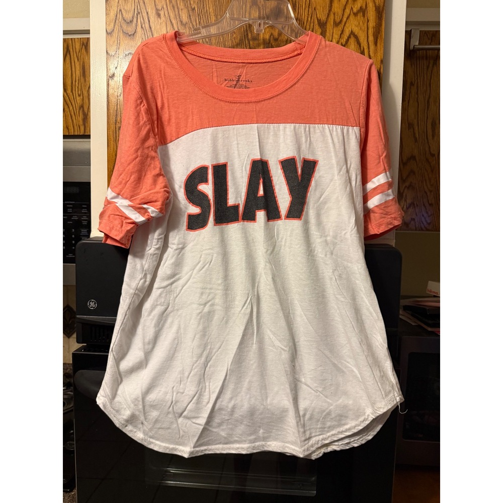 Bobbie Brooks Slay GraphicTee Womens 1X Coral White ColorblockShort Sleeve Shirt